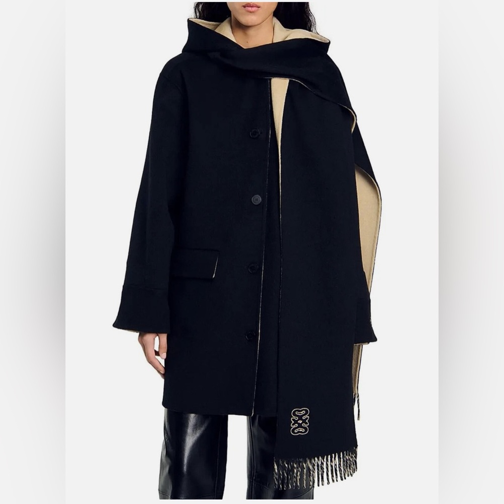 Sandro Wool Coat with Scarf | Black | 36 US 1 ~ EUC